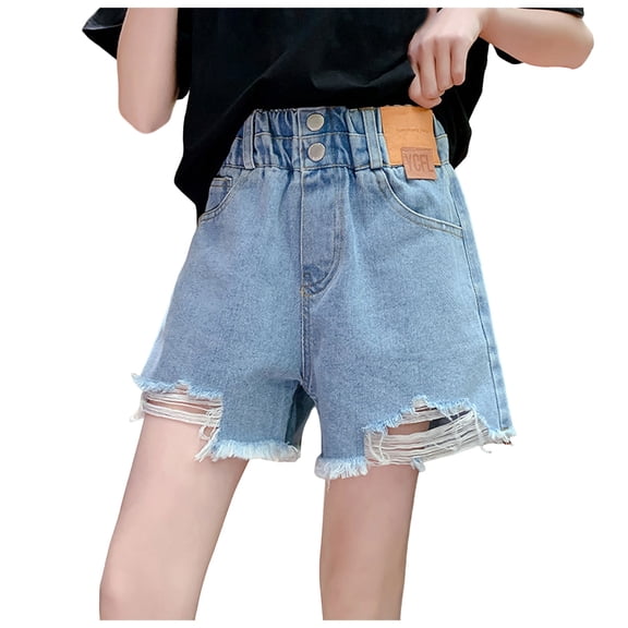 TOWED22 Girl's Ripped Jean Shorts Distressed Frayed Raw Denim Shorts with Pocket(Light Blue,7-8 Y)