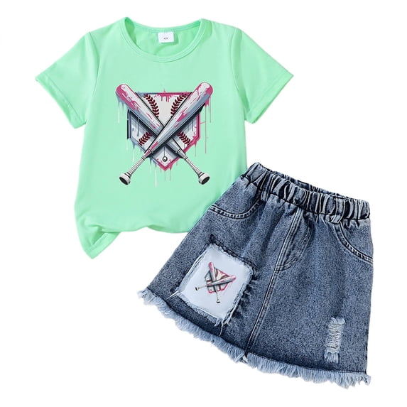 TOWED22 Girl's Summer 2 Piece Outfits Cute Short Sleeve Bow Print Short Sleeve Tee A Line Denim Skirt Sets 3-7 Years(D,3-4 Y)