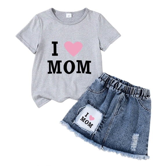TOWED22 Girl's Summer 2 Piece Outfits Cute Short Sleeve Bow Print Short Sleeve Tee A Line Denim Skirt Sets 3-7 Years(W,2-3 Y)