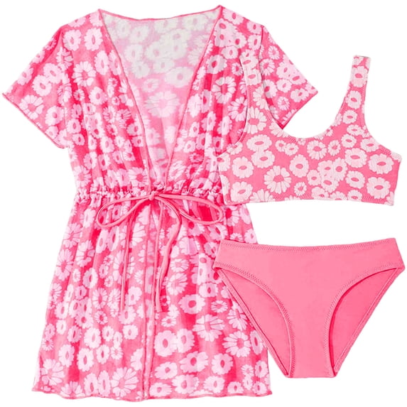 TOWED22 Girl's Swimsuits 3 Piece Seashell Spaghetti Strap Textured Bathing Suit with Cover Up Hot Pink,11-12 Y