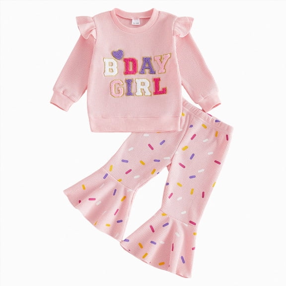 TOWED22 Girls 2 Piece Outfits Cute Graphic Print Crew Neck Sweatshirt and Cute Wide Leg Pants Clothing Set,Pink,3-4 Y