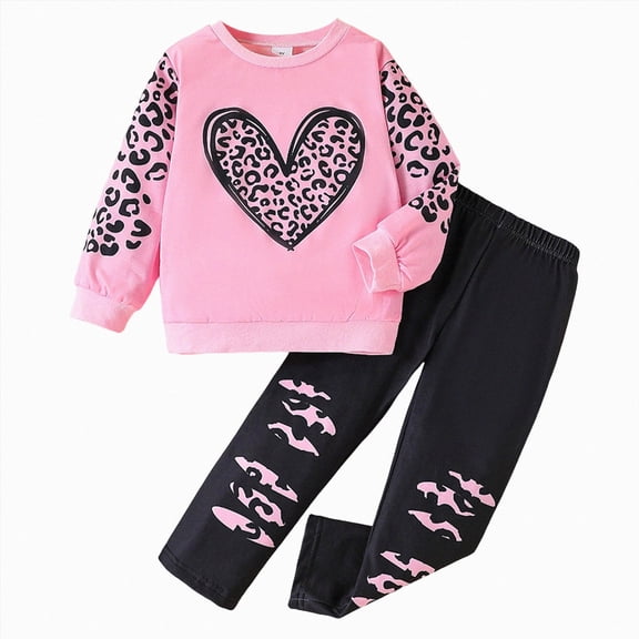 TOWED22 Girls 2 Piece Outfits Long Sleeve Graphic Printed Sweatshirt & Flared Pants Fall Clothing Set,Pink,4-5 Y