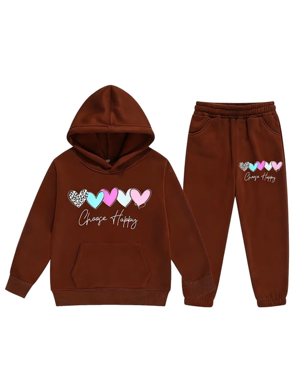 Girls 2 Piece Outfits Sweatsuit Print Pullover Hoodie Sweatshirt Lounge Sets Jogger Sweatpants,Coffee,12-13 Y