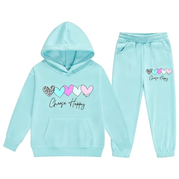 TOWED22 Girls 2 Piece Outfits Sweatsuit Print Pullover Hoodie Sweatshirt Lounge Sets Jogger Sweatpants,Light Blue,8-9 Y