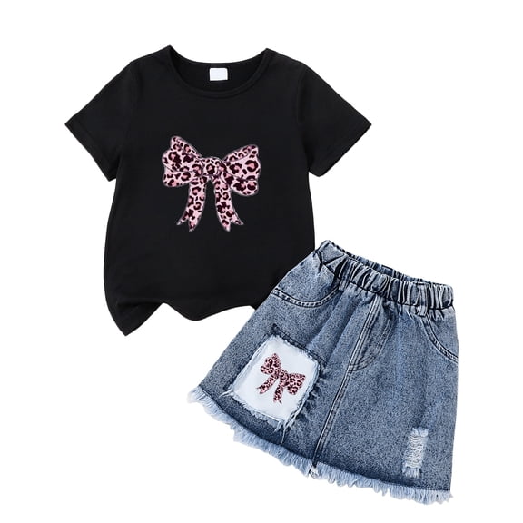 TOWED22 Girls' 2 Piece Summer Outfit Toddler Short Sleeve Bow Print Tshirt Tee Denim Skirt Set Casual Clothes(Black,2-3 Y)