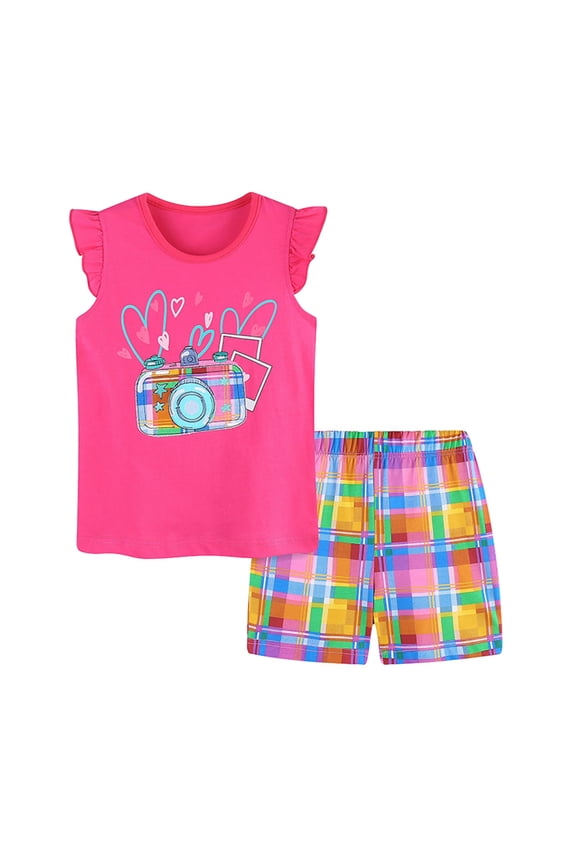 Girls 2 Piece Summer Outfits Clothes for Toddler Baby Girl Sleeveless Heart Print Top & Floral Shorts 2-12Y(Watermelon Red,5-6 Y)