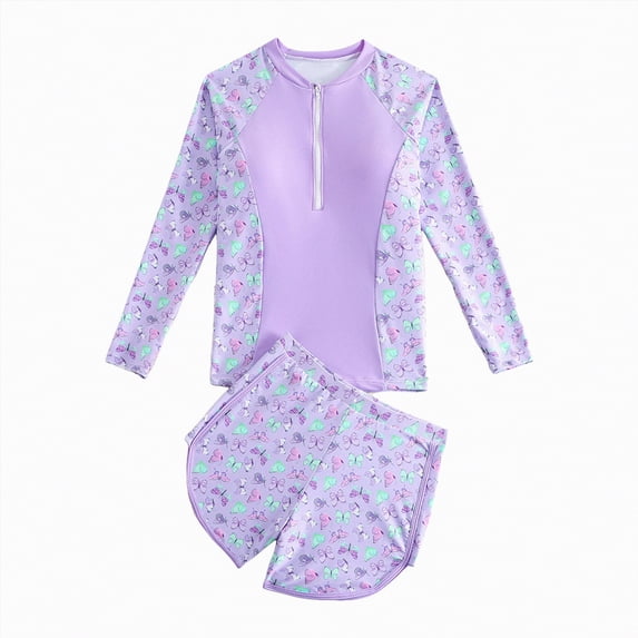 TOWED22 Girls 2 Pieces Rash Guard Swimsuit Long Sleeve Tankini for 4-10 Years Purple,10-11 Y
