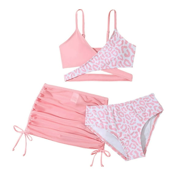 TOWED22 Girls 3 Piece Bathing Suit Swimsuit Heart Print Bikini Set with Mesh Cover Up Pants Cute Swimwear Pink,10-11 Y