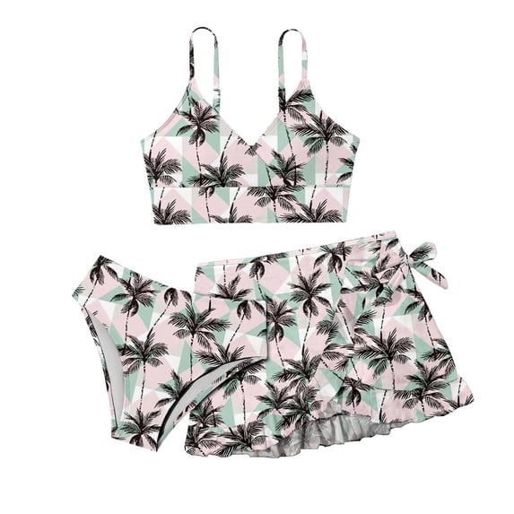 TOWED22 Girls 3 Piece Bikini Swimsuit Set Floral Print Cute Ruffle Sleeve Halter Top and Matching Cover Up Beach Skirt Dark Gray,10-11 Y