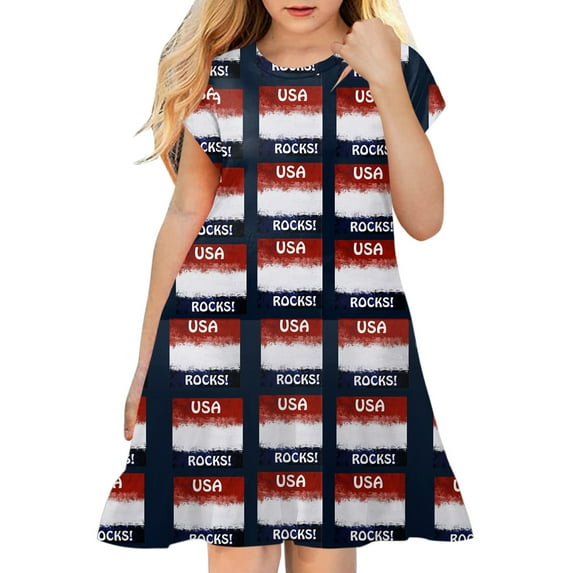 TOWED22 Girls 4th of July Dress American Flag Tie Back Off Shoulder Stars Stripes Swing Patriotic Midi Dresses,10-12 Years