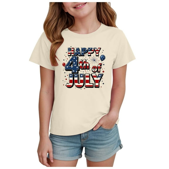 TOWED22 Girls 4th of July Shirt America Letter Print T-Shirt Little Kids Patriotic Tee USA Flag Summer Tops(Beige,5-6 Y)