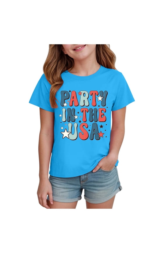 Girls 4th of July Tops USA Flag Shirts Patriotic Tshirts Short Sleeve Tee for Toddler Kids 1-14 Years(Blue,7-8 Y)