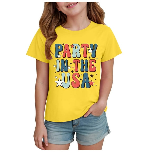TOWED22 Girls 4th of July Tops USA Flag Shirts Patriotic Tshirts Short Sleeve Tee for Toddler Kids 1-14 Years(Yellow,5-6 Y)