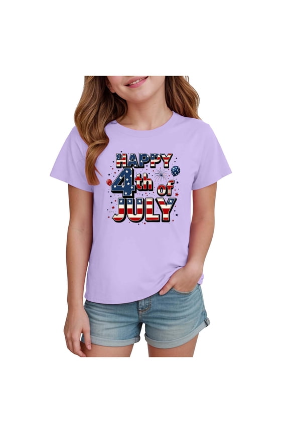 Girls 4th of July USA Shirt American Flag Patriotic T-Shirt Independence Day Outfit for Kids(Purple,5-6 Y)