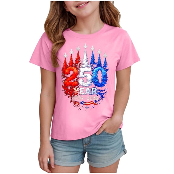 TOWED22 Girls American Pride T-Shirts 250 Years Anniversary Patriotic Tee USA Flag Print Short Sleeve Tops(Pink,11-12 Y)