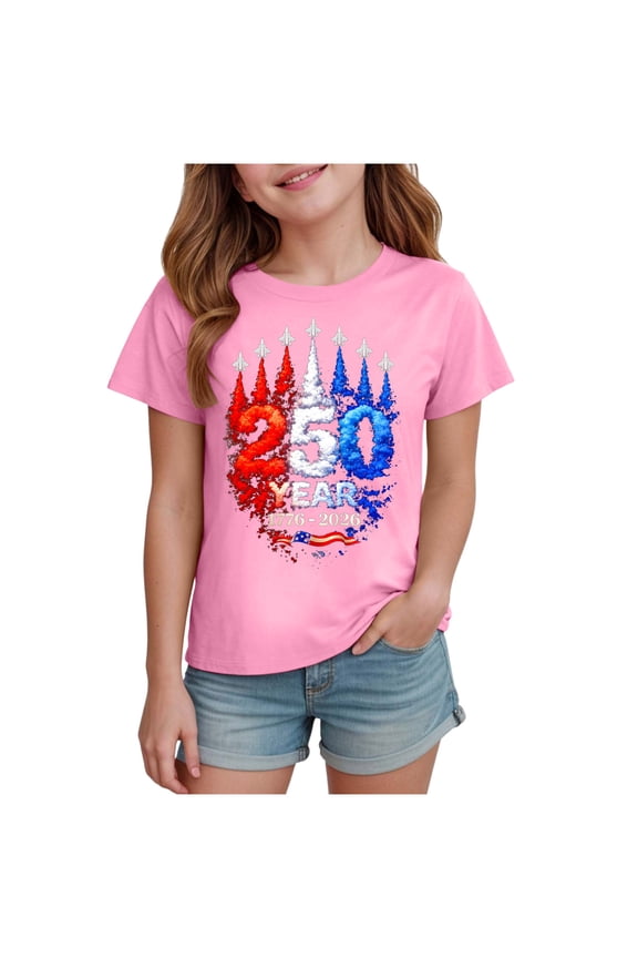 Girls American Pride T-Shirts 250 Years Anniversary Patriotic Tee USA Flag Print Short Sleeve Tops(Pink,5-6 Y)