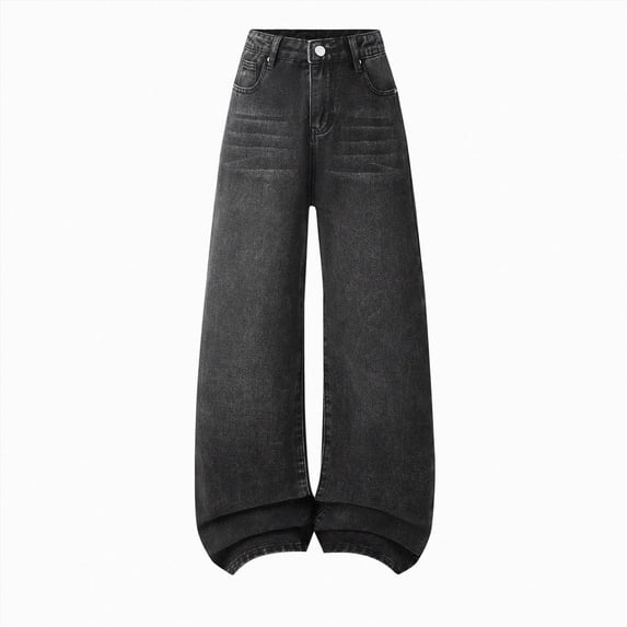 TOWED22 Girls Baggy Jeans Retro Elastic Waist Zipper Fly Cat Whisker Wide Leg Washed Denim Pants,Black,13-14 Y