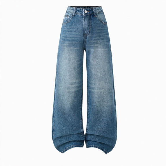 TOWED22 Girls Baggy Jeans Retro Elastic Waist Zipper Fly Cat Whisker Wide Leg Washed Denim Pants,Blue,13-14 Y
