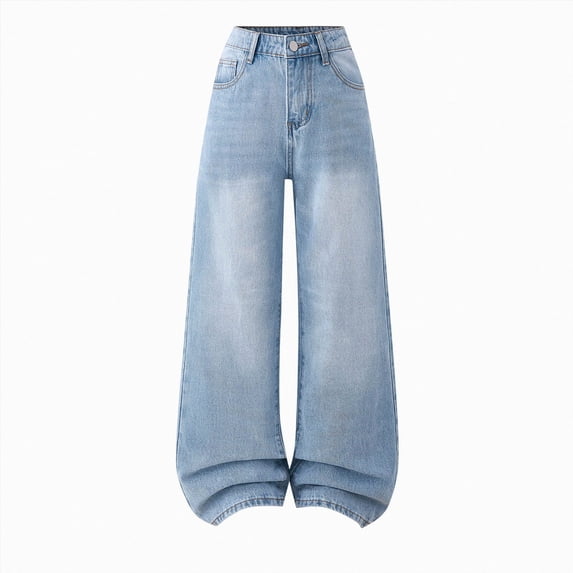 TOWED22 Girls Baggy Jeans Retro Elastic Waist Zipper Fly Cat Whisker Wide Leg Washed Denim Pants,Light Blue,12-13 Y