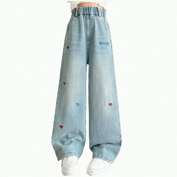 TOWED22 Girls Baggy Y2K Applique Jeans Casual Elastic Waist Wide Straight Leg Denim Jeggings Pants Jeans with Pockets(Blue,6-7 Y)
