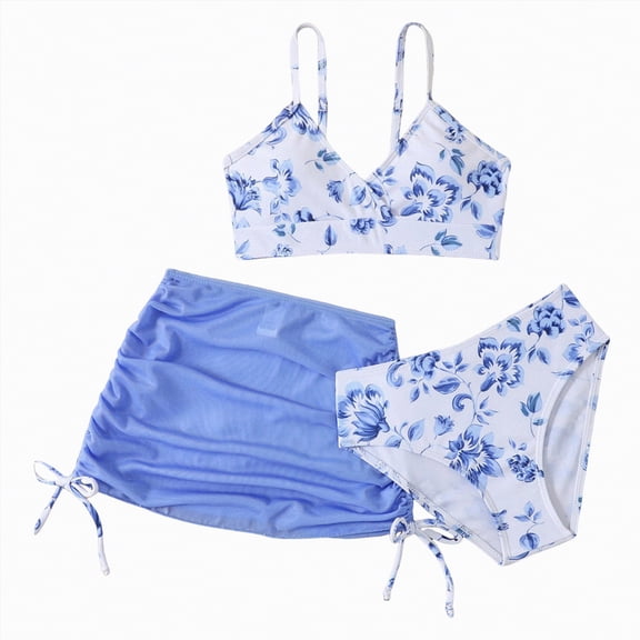 TOWED22 Girls Bathing Suits 3 Piece Swimsuits Bikini Set with Cover Up Ruched Swimsuit for Girls Beach Pool 8-14Y Blue,13-14 Y