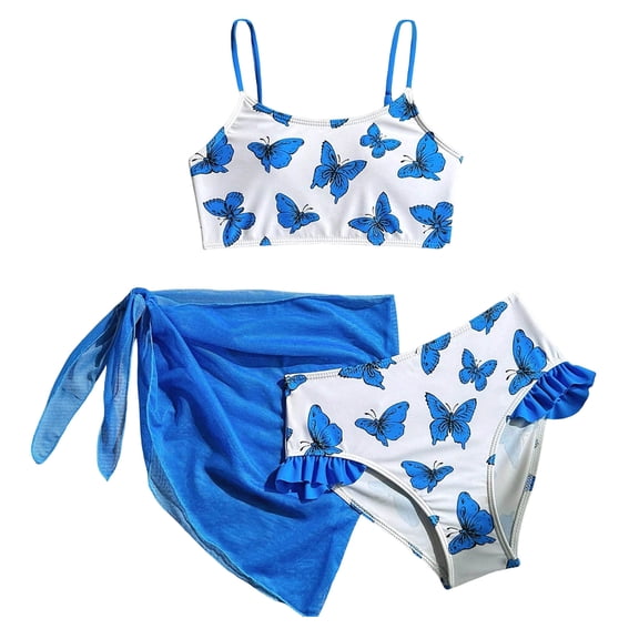 TOWED22 Girls Bathing Suits 3 Piece Swimwear Bikini Set Floral Print Cover Up Skirt Ruffle Sleeve Swimsuit 7-14T Blue,7-8 Y