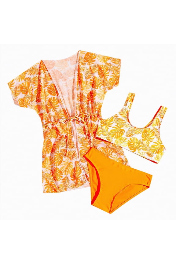 Girls Bikini Swimsuits Set for Girls 3 Piece Skirt Bathing Suits Swim Dress Hawaiian Beach Swimwear 3-16 Years(Orange,7-8 Y)