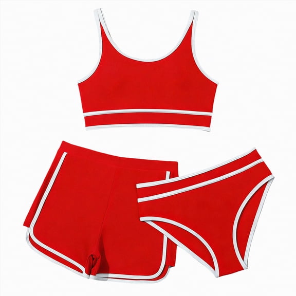 TOWED22 Girls Bikinis Set Kids 3 Pieces Swimsuit Quick Dry Bathing Suits Teens Swimwear with Shorts 5-14T(Red,13-14 Y)