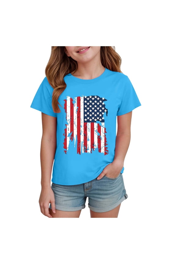 Girls Boys 4th of July American Flag Patriotic USA Shirt Kids Independence Day Tops Girl Short Sleeve Fashion Outfit(Sky Blue,13-14Y)