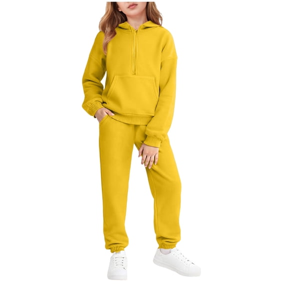 TOWED22 Girls Boys Fleece 2 Piece Outfits Hoodie Sweatsuit Oversized Sweatshirt and Sweatpants Set Fall Winter Clothes,Yellow,13-14 Y