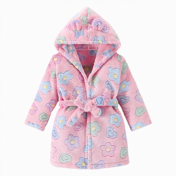 TOWED22 Girls Boys Fleece Hooded Robes, Warm Printed Bath Robe for Kids Soft Fuzzy Bathrobe for Gifts