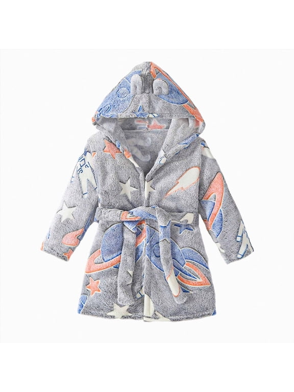 Girls Boys Fleece Hooded Robes, Warm Printed Bath Robe for Kids Soft Fuzzy Bathrobe for Gifts