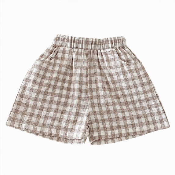 TOWED22 Girls Boys Plaid Shorts Kids Gingham Elastic Waist Wide Leg Short Pants with Pockets(Coffee,5-6 Y)