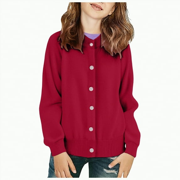 TOWED22 Girls Cardigan Sweaters Long Sleeve Cable Knitted Cropped Sweater Button Closure Tops(Red,2-3 Y)