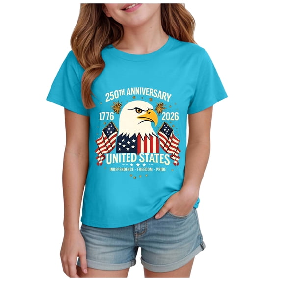 TOWED22 Girls Casual Summer T-Shirts 250Th Anniversary Patriotic Print Tee American Flag Short Sleeve Tops(Sky Blue,13-14 Y)