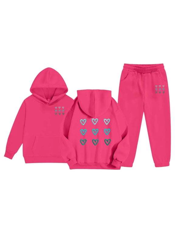 Girls Clothes Fall Winter Toddler Outfits Graphic Hoodie Sweatshirt + Sweatpants 2 Piece Set,Hot Pink,4-5 Y