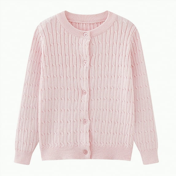 TOWED22 Girls Crewneck Cardigan Solid Cotton Long Sleeve Button Sweater Uniform Sweaters for Little Girls(Pink,7-8 Y)