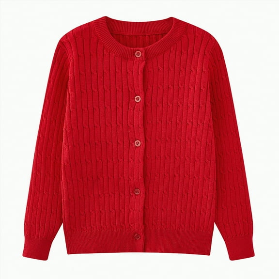 TOWED22 Girls Crewneck Cardigan Solid Cotton Long Sleeve Button Sweater Uniform Sweaters for Little Girls(Red,5-6 Y)
