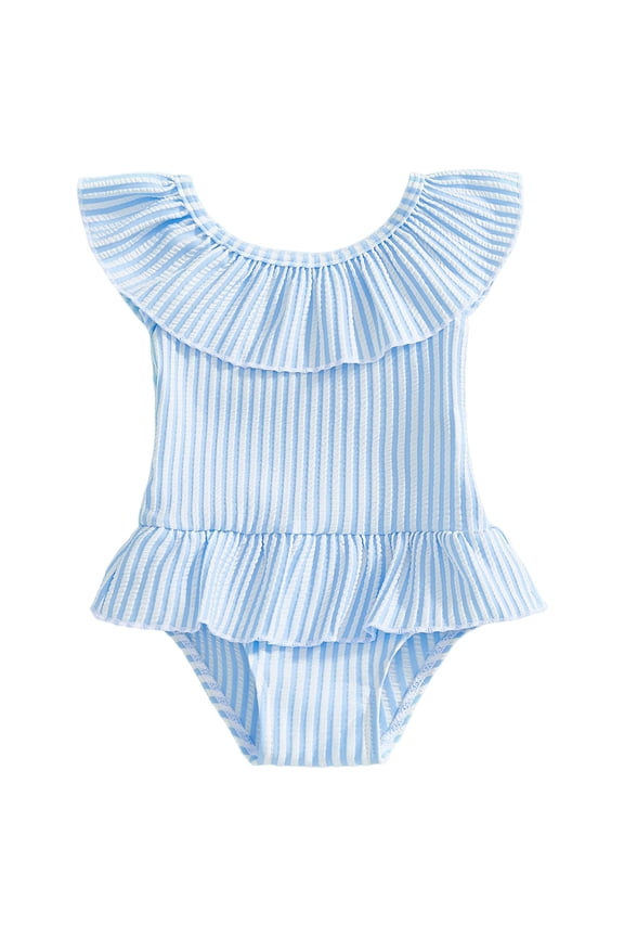 Girls Criss Cross Back Floral Print One Piece Swimsuit Ruffled Adjustable Bathing Suit Sky Blue,4-5 Y