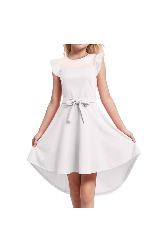 Girls Dress for Kids Square Neck Flutter Dresses Summer Dressy Frocks(White,11-12 Y)