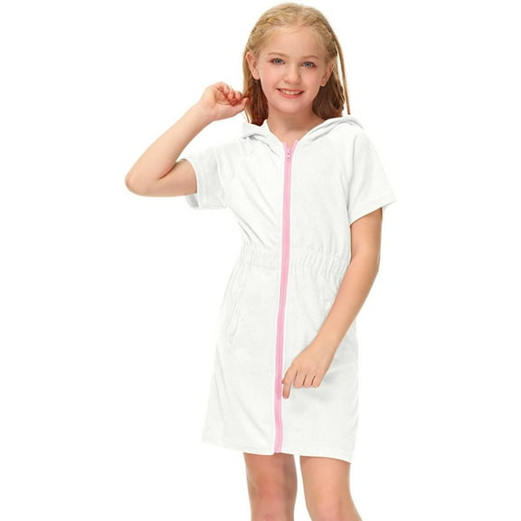 TOWED22 Girls Dresses Girl's Swimsuit Zip Up Terrys Cover Up Hooded Bathrobe With Pockets Short Sleeve Bathing Suit Beach Dress,White