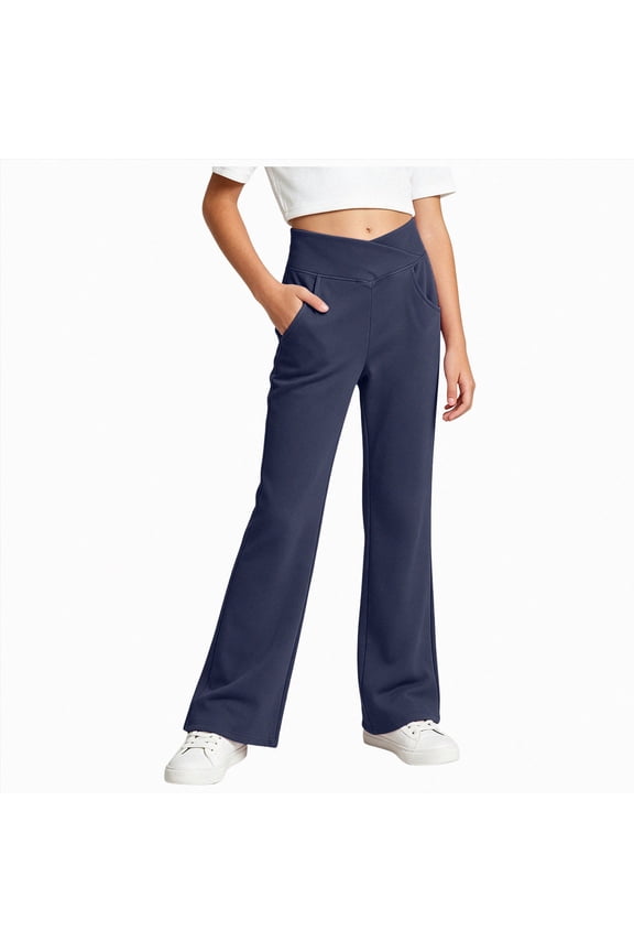 Girls Flare Leggings Kids Bell Bottom High Waisted Yoga Dance Flared Bootcut Pants(Navy,5-6 Y)