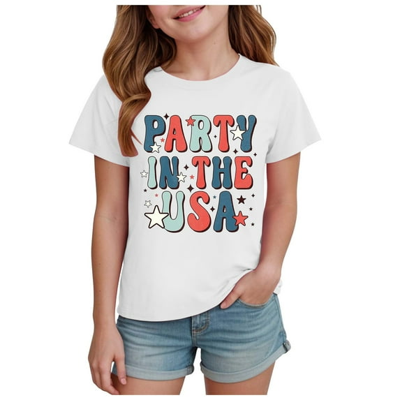 TOWED22 Girls Graphic 4th of July Shirts American Flag Tshirt Patriotic Top Independence Day Tee Tops(White,13-14 Y)