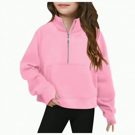 TOWED22 Girls Half Zip Sweatshirt Fleece Quarter Zip Pullover Sweatshirts Fall Clothes for Teen Girls Thumb Hole(Pink,13-14 Years)