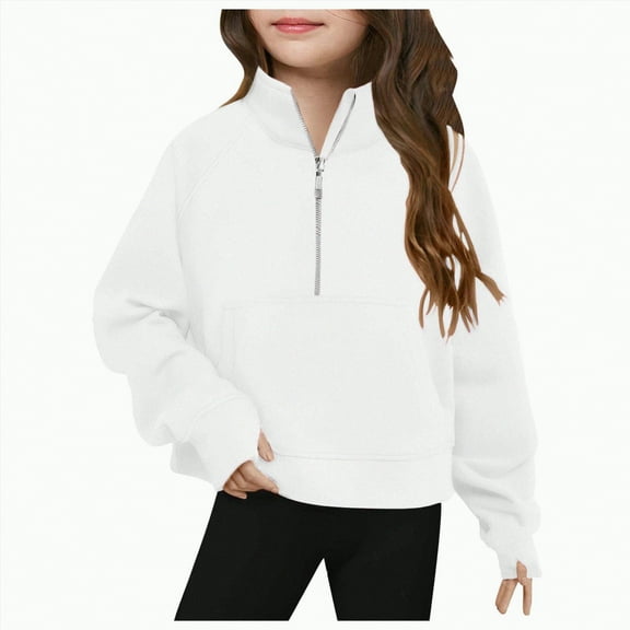 TOWED22 Girls Half Zip Sweatshirt Fleece Quarter Zip Pullover Sweatshirts Fall Clothes for Teen Girls Thumb Hole(White,9-10 Years)