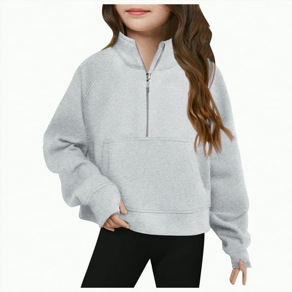 TOWED22 Girls Half Zip Sweatshirt Fleece Quarter Zip Pullover Sweatshirts with Thumb Hole Fall Clothes for Teen Girls Trendy Clothes(Light Gray,9-10 Years)