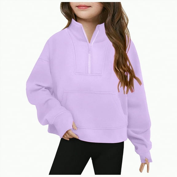 TOWED22 Girls Half Zip Sweatshirt Fleece Quarter Zip Pullover Sweatshirts with Thumb Hole Fall Clothes for Teen Girls(Purple,7-8 Years)