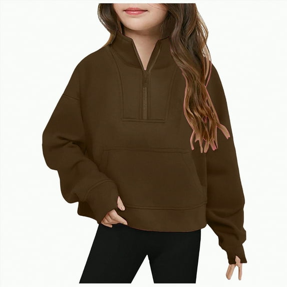 TOWED22 Girls Half Zip Sweatshirt Long Sleeve Pullover Tops Kids Lightweight Fleece Fashion Winter Clothes(Coffee,11-12 Years)