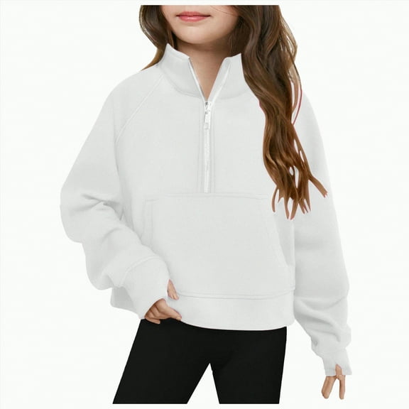 TOWED22 Girls Half Zip Sweatshirt Long Sleeve Tops Quarter Zip Pullover Sweatshirts for Teen Girls Trendy Preppy Clothing(White,140/9-10years)