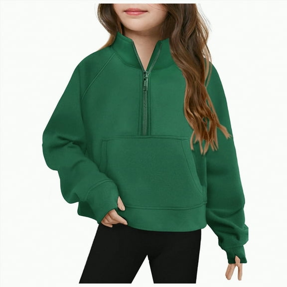 TOWED22 Girls Half Zip Sweatshirt Quarter Zip Pullover Sweatshirts Fall Tops with Pockets Thumb Hole(Green,9-10 Years)